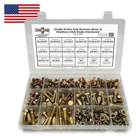 Boltsandnuts.Com Inch Grade 8 Hex Cap Screws, Nuts, Flat & Lock Washers Zinc Yellow USA Made Hardware - 380 PCS Assortment Kit #480